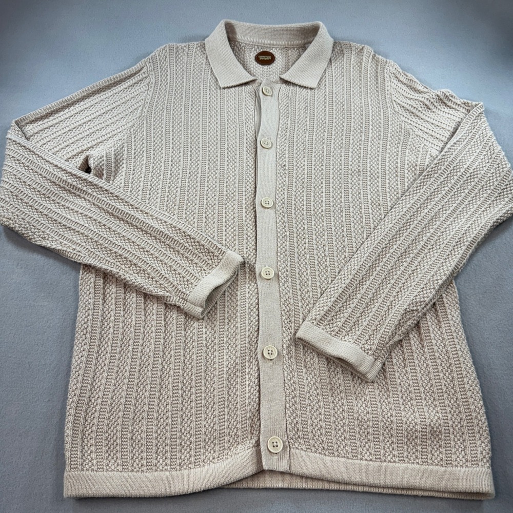 Common People Dijon Polo Cardigan Mens Stone Beige Textured Cotton Knit Med NWT